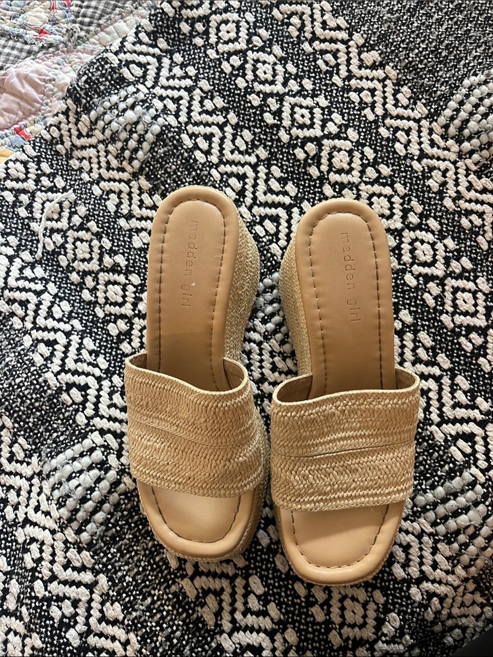 Madden Girl Beige Woven/Raffia Slide Wedge Sandals